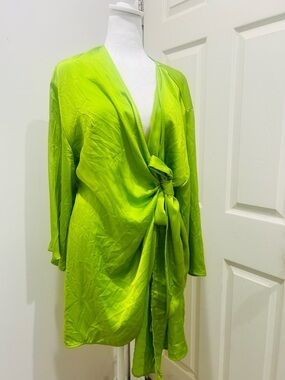 H&M Lime Satin Wrap Tie-Front Mini Dress